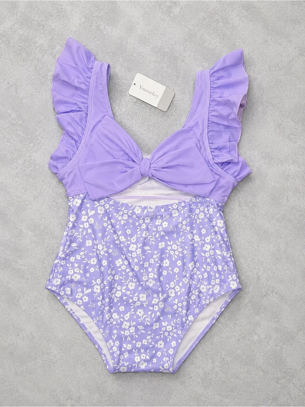 NWT - Youruikey - Girls One Piece Swimsuit Floral Ruffle Bow Back Bathing Suit
